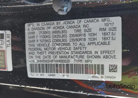 2017 Honda Cr-V Ex-L/Ex-L Navi from USA, damaged, VIN 2HKRW2H87HH690520